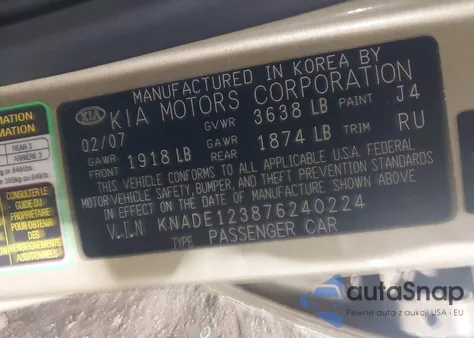 2007 Kia Rio Lx z USA, uszkodzony, nr VIN KNADE123876240224